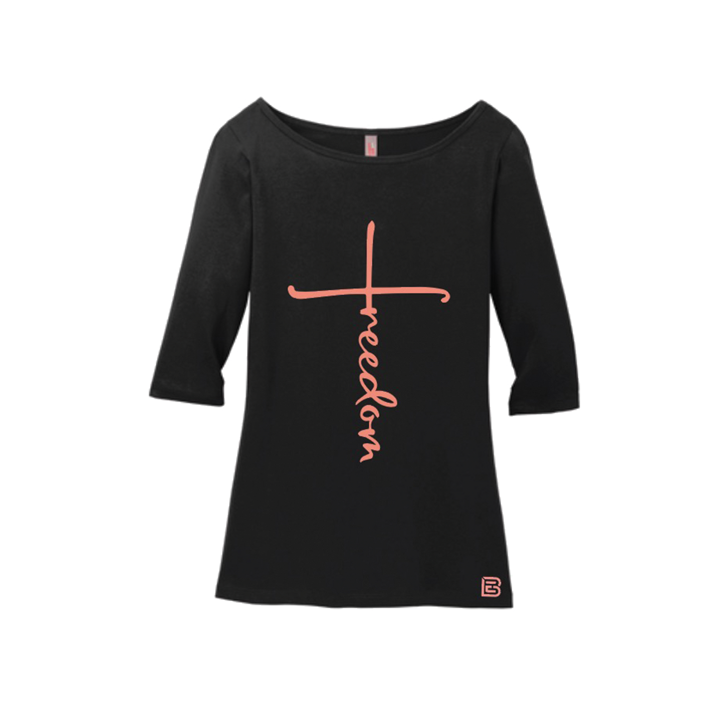 ‘Freedom’ Black 3/4 Sleeve Ladies Tshirt