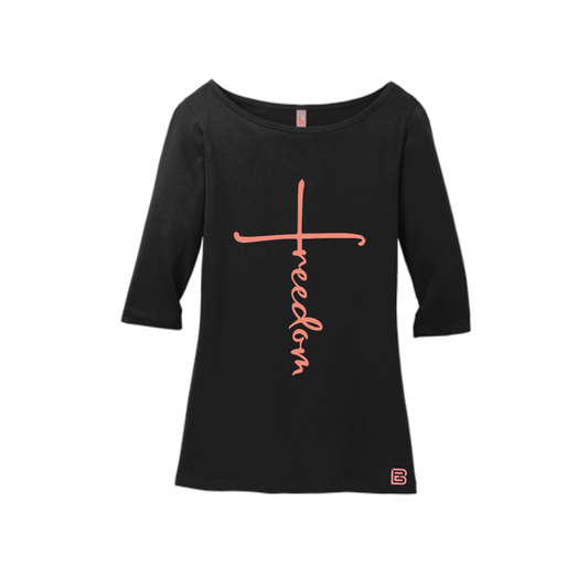 ‘Freedom’ Black 3/4 Sleeve Ladies Tshirt